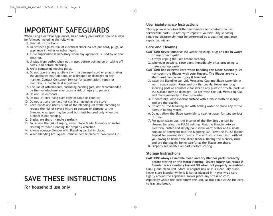 Important safeguards, Save these instructions | Toastmaster TMBLRET User Manual | Page 2 / 8