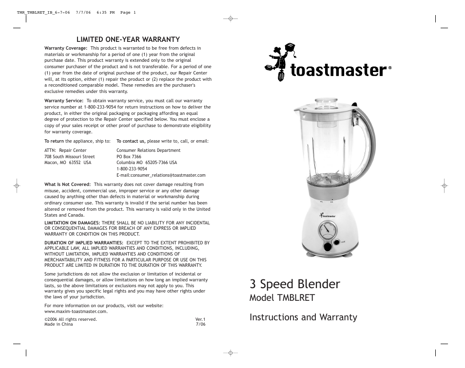 3 speed blender, Instructions and warranty, Model tmblret | Toastmaster TMBLRET User Manual | Page 8 / 8