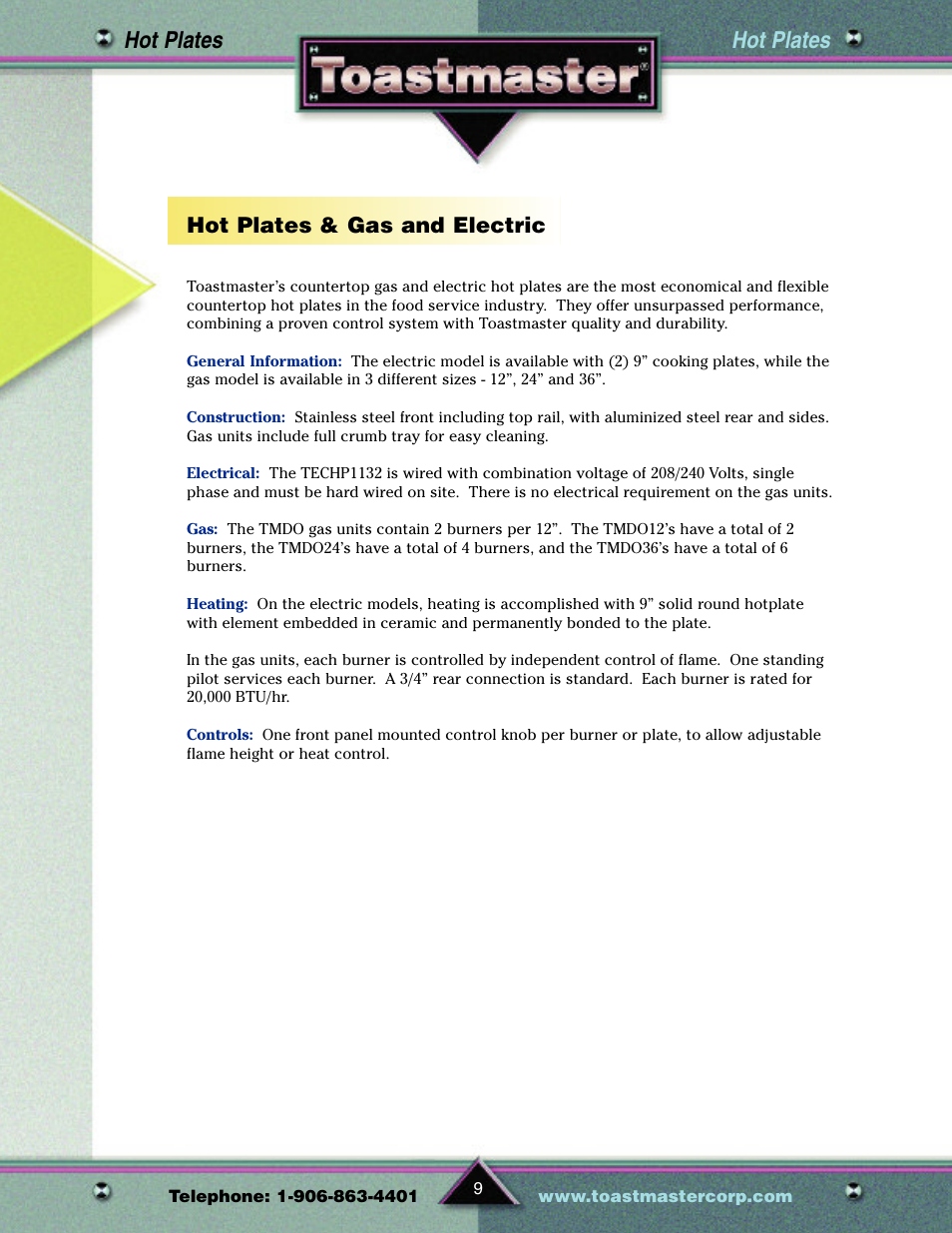 Hot plates, Hot plates & gas and electric | Toastmaster TP209 User Manual | Page 11 / 68