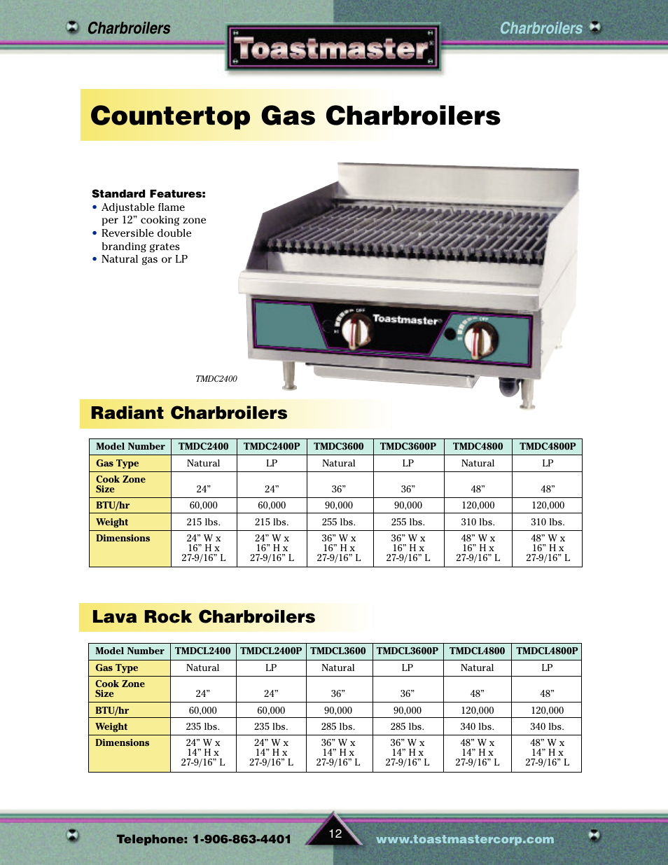 Countertop gas charbroilers, Radiant charbroilers lava rock charbroilers, Charbroilers | Toastmaster TP209 User Manual | Page 14 / 68