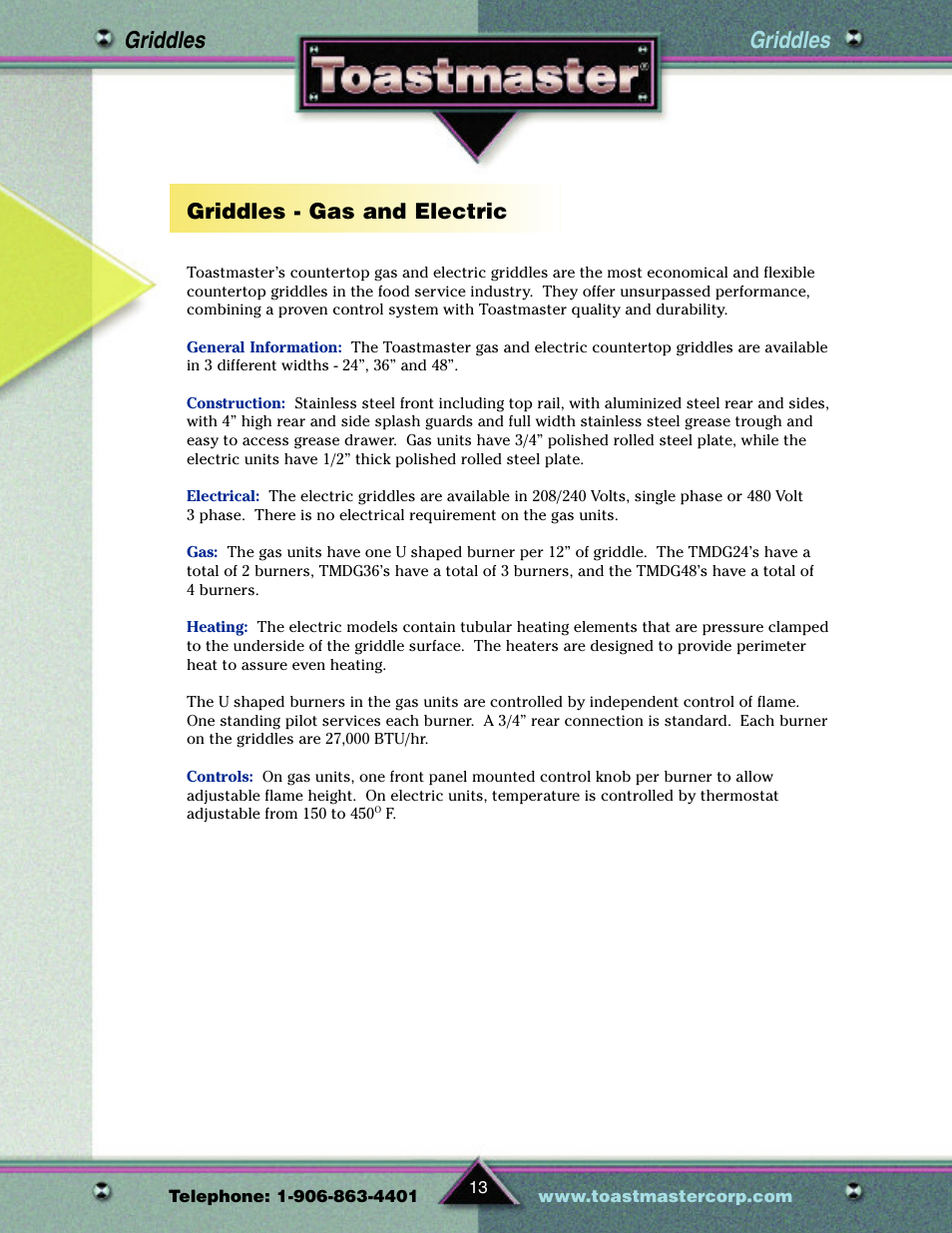 Griddles, Griddles - gas and electric | Toastmaster TP209 User Manual | Page 15 / 68