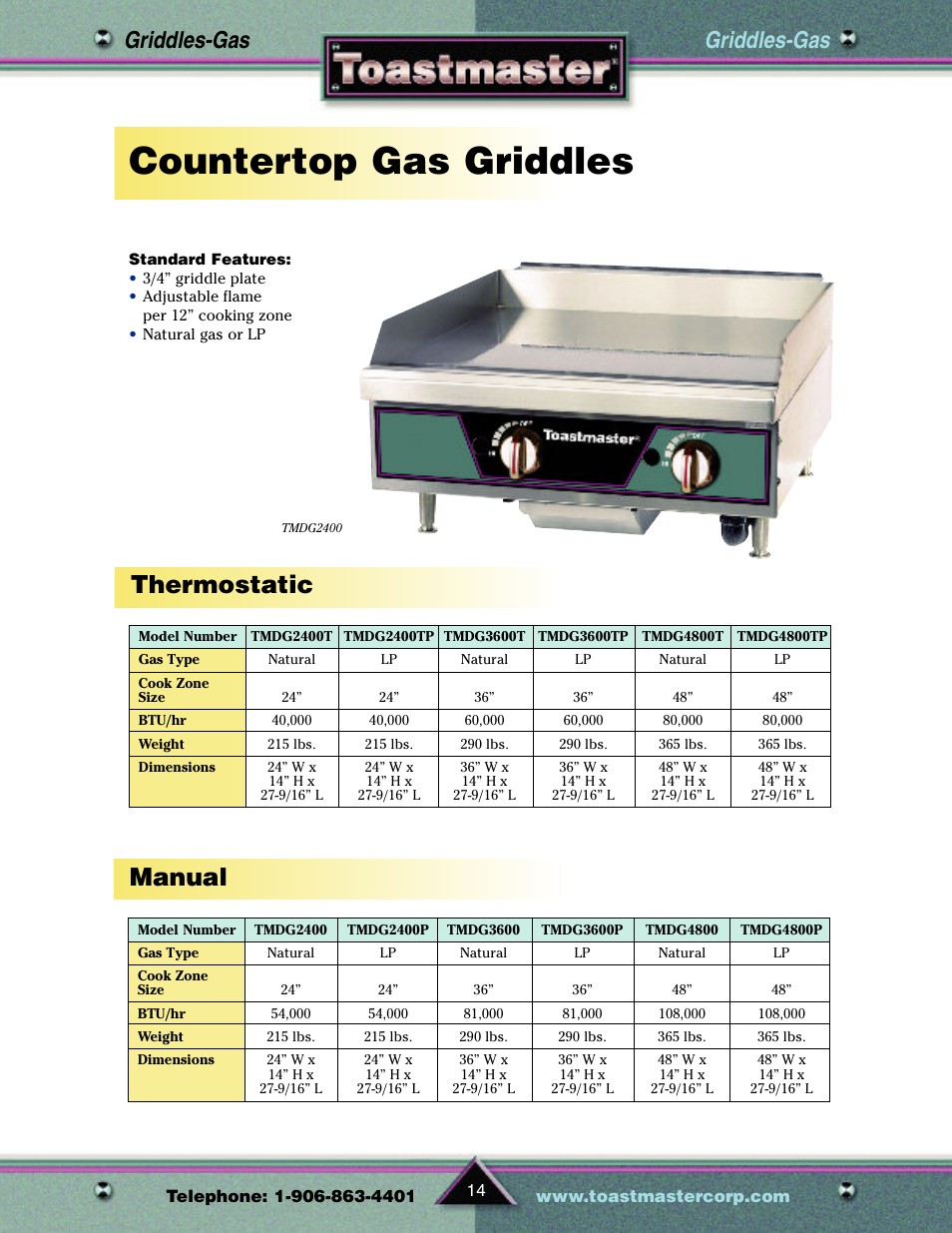 Countertop gas griddles, Manual, Thermostatic | Griddles-gas | Toastmaster TP209 User Manual | Page 16 / 68