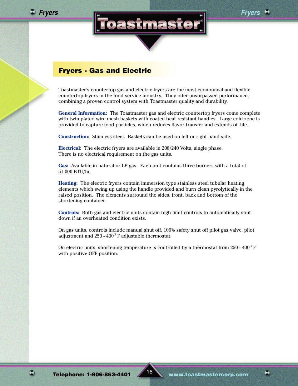 Fryers, Fryers - gas and electric | Toastmaster TP209 User Manual | Page 18 / 68