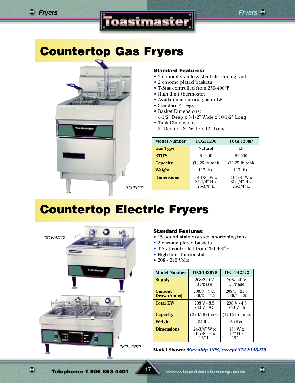 Countertop gas fryers, Countertop electric fryers, Fryers | Toastmaster TP209 User Manual | Page 19 / 68