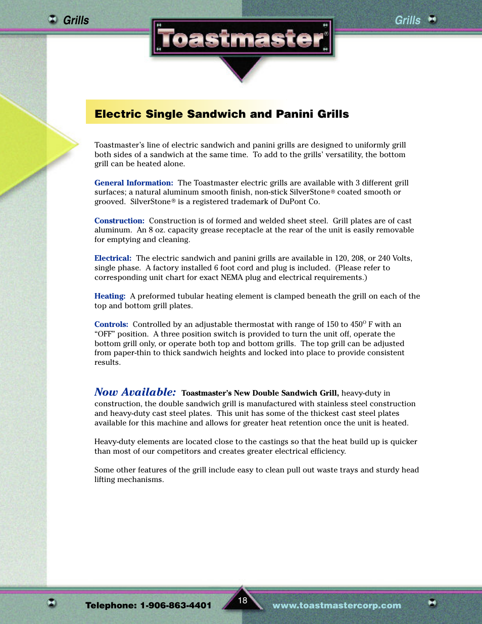 Grills, Electric single sandwich and panini grills, Now available | Toastmaster TP209 User Manual | Page 20 / 68