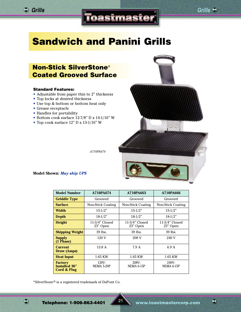 Sandwich and panini grills, Non-stick silverstone, Coated grooved surface | Grills | Toastmaster TP209 User Manual | Page 23 / 68