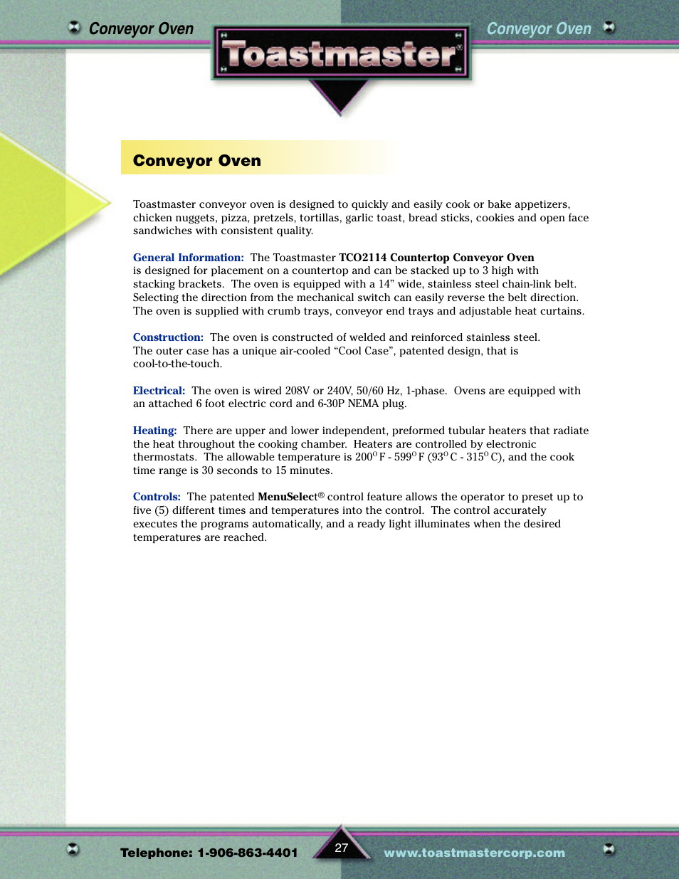 Conveyor oven | Toastmaster TP209 User Manual | Page 29 / 68
