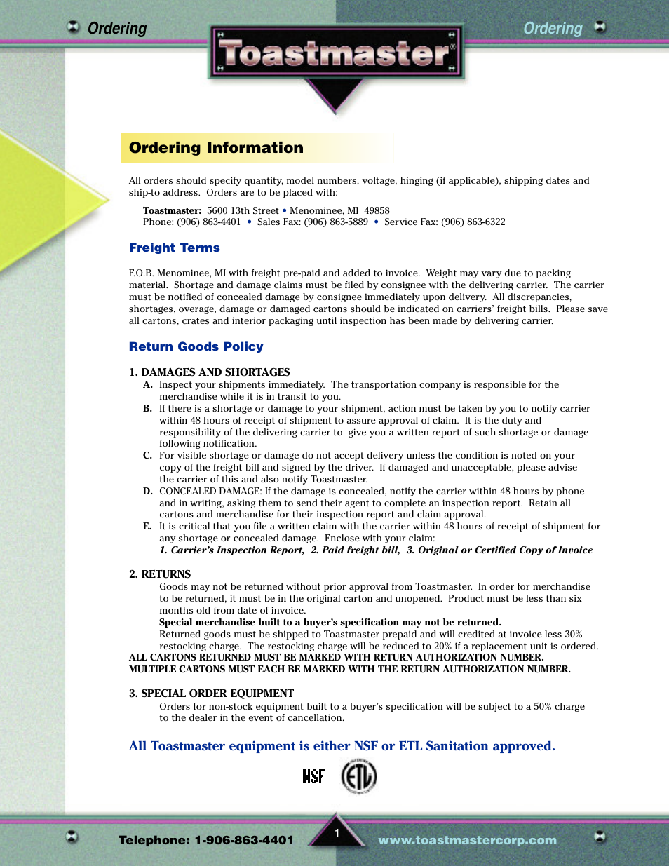 Ordering, Ordering information | Toastmaster TP209 User Manual | Page 3 / 68