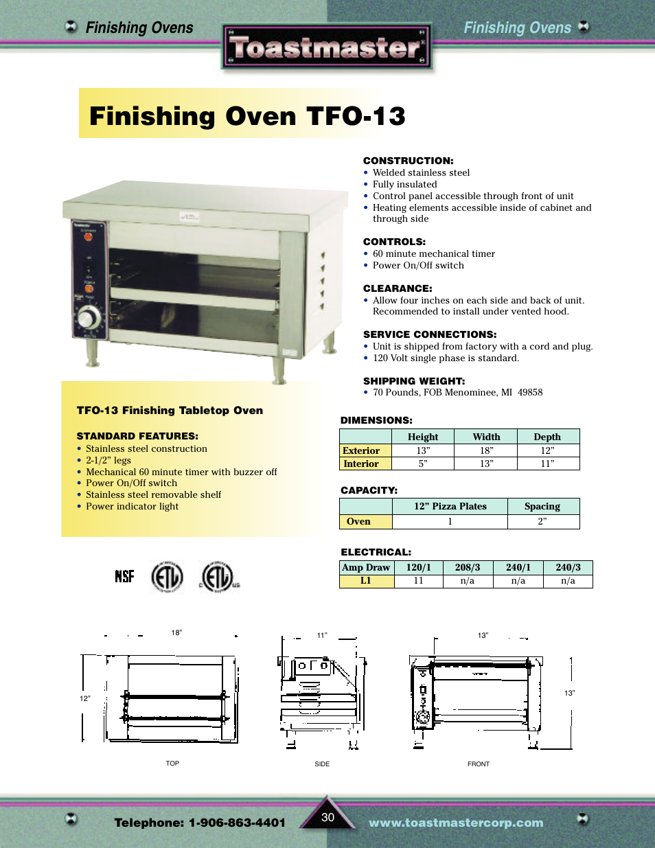 Finishing oven tfo-13, Finishing ovens | Toastmaster TP209 User Manual | Page 32 / 68