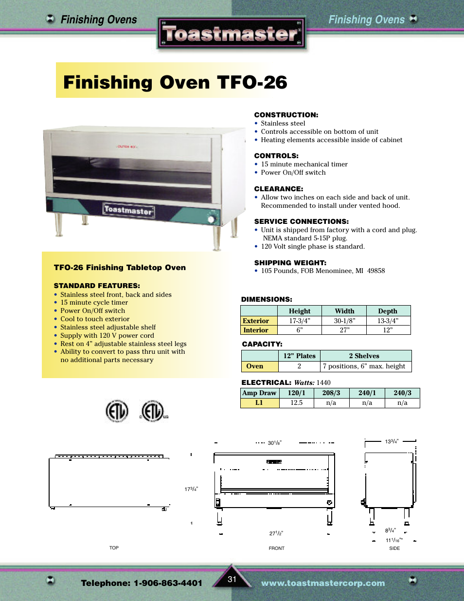 Finishing oven tfo-26, Finishing ovens | Toastmaster TP209 User Manual | Page 33 / 68