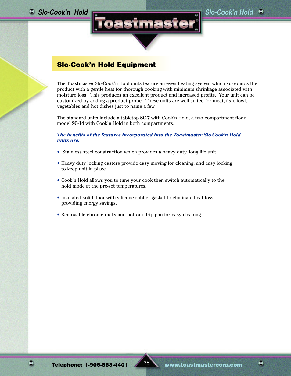 Slo-cook’n hold, Slo-cook’n hold equipment | Toastmaster TP209 User Manual | Page 40 / 68