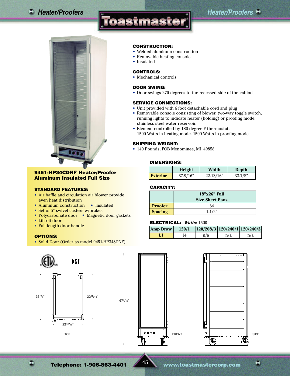 Heater/proofers | Toastmaster TP209 User Manual | Page 47 / 68