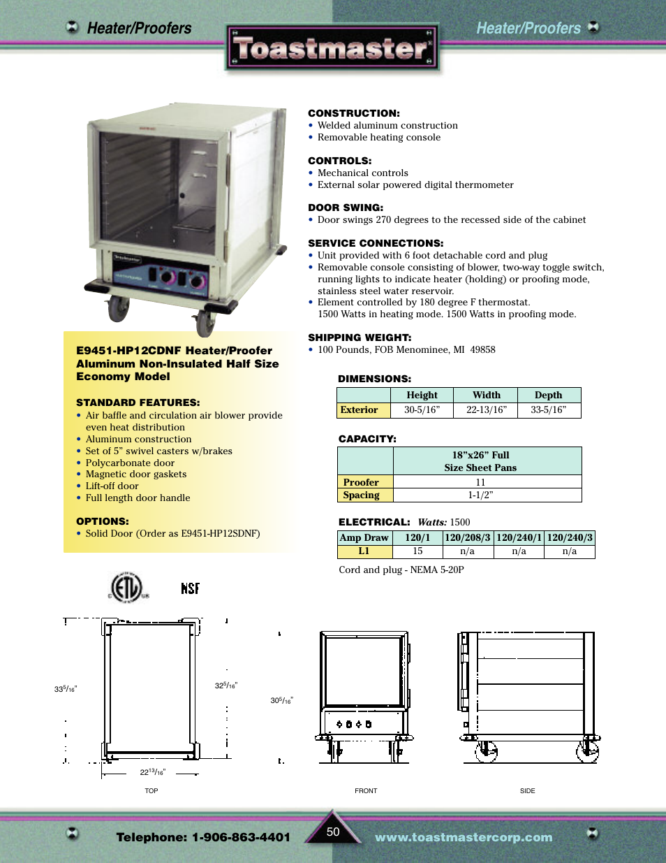 Heater/proofers | Toastmaster TP209 User Manual | Page 52 / 68