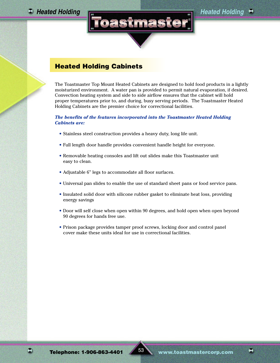 Heated holding, Heated holding cabinets | Toastmaster TP209 User Manual | Page 55 / 68