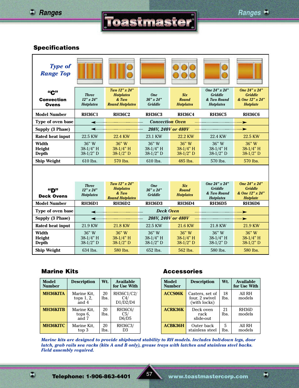 Ranges, Specifications “c, Type of range top | Accessories, Marine kits | Toastmaster TP209 User Manual | Page 59 / 68