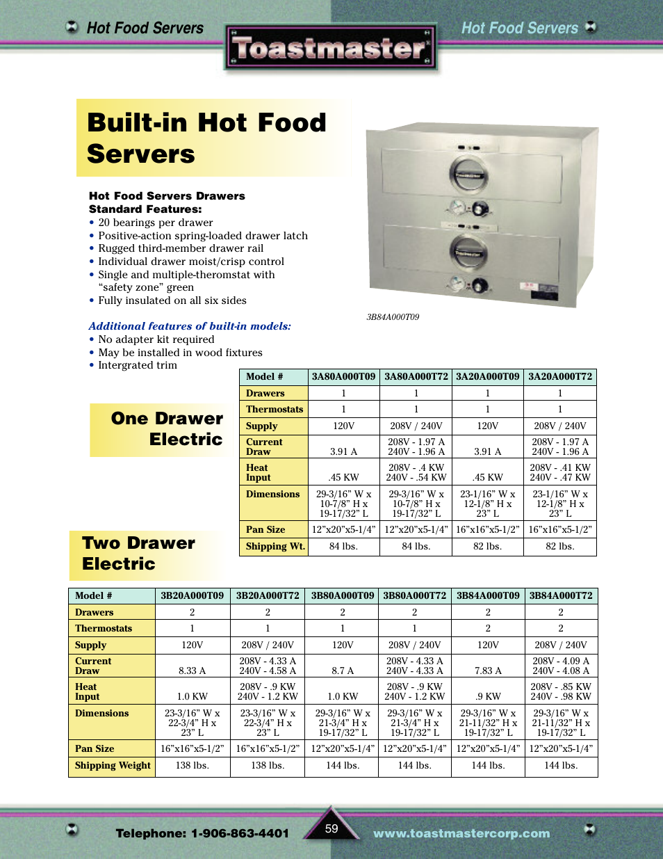 Built-in hot food servers, One drawer electric two drawer electric, Hot food servers | Toastmaster TP209 User Manual | Page 61 / 68