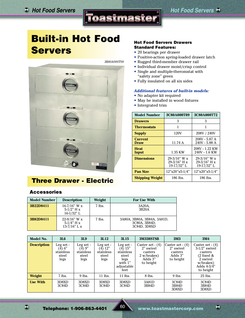 Built-in hot food servers, Three drawer - electric, Hot food servers | Accessories | Toastmaster TP209 User Manual | Page 62 / 68