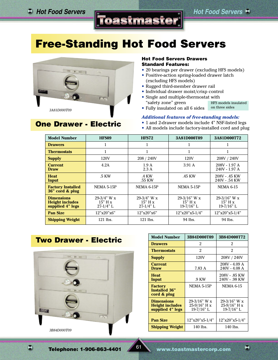 Free-standing hot food servers, One drawer - electric two drawer - electric, Hot food servers | Toastmaster TP209 User Manual | Page 63 / 68