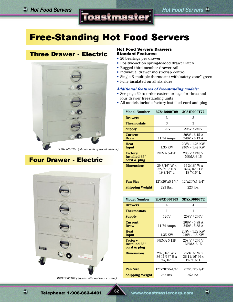 Free-standing hot food servers, Three drawer - electric, Four drawer - electric | Hot food servers | Toastmaster TP209 User Manual | Page 64 / 68