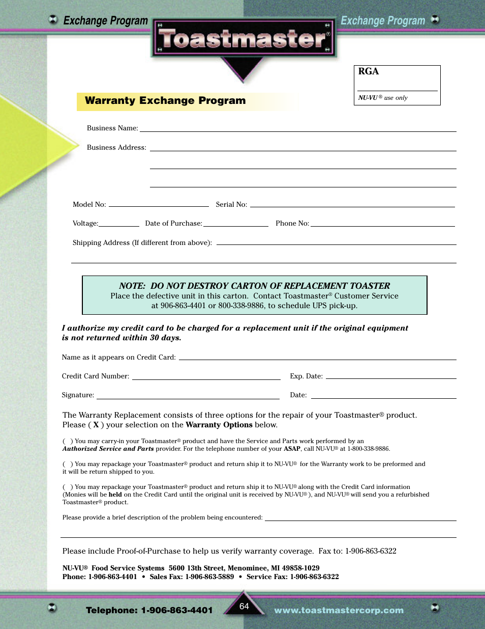 Exchange program, Warranty exchange program | Toastmaster TP209 User Manual | Page 66 / 68