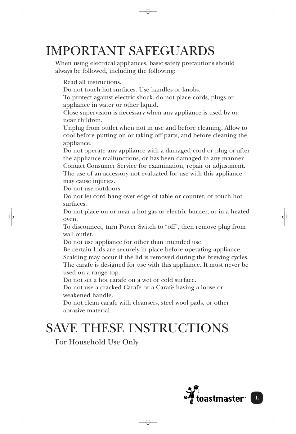 Important safeguards, Save these instructions | Toastmaster TCM10PWF User Manual | Page 2 / 14