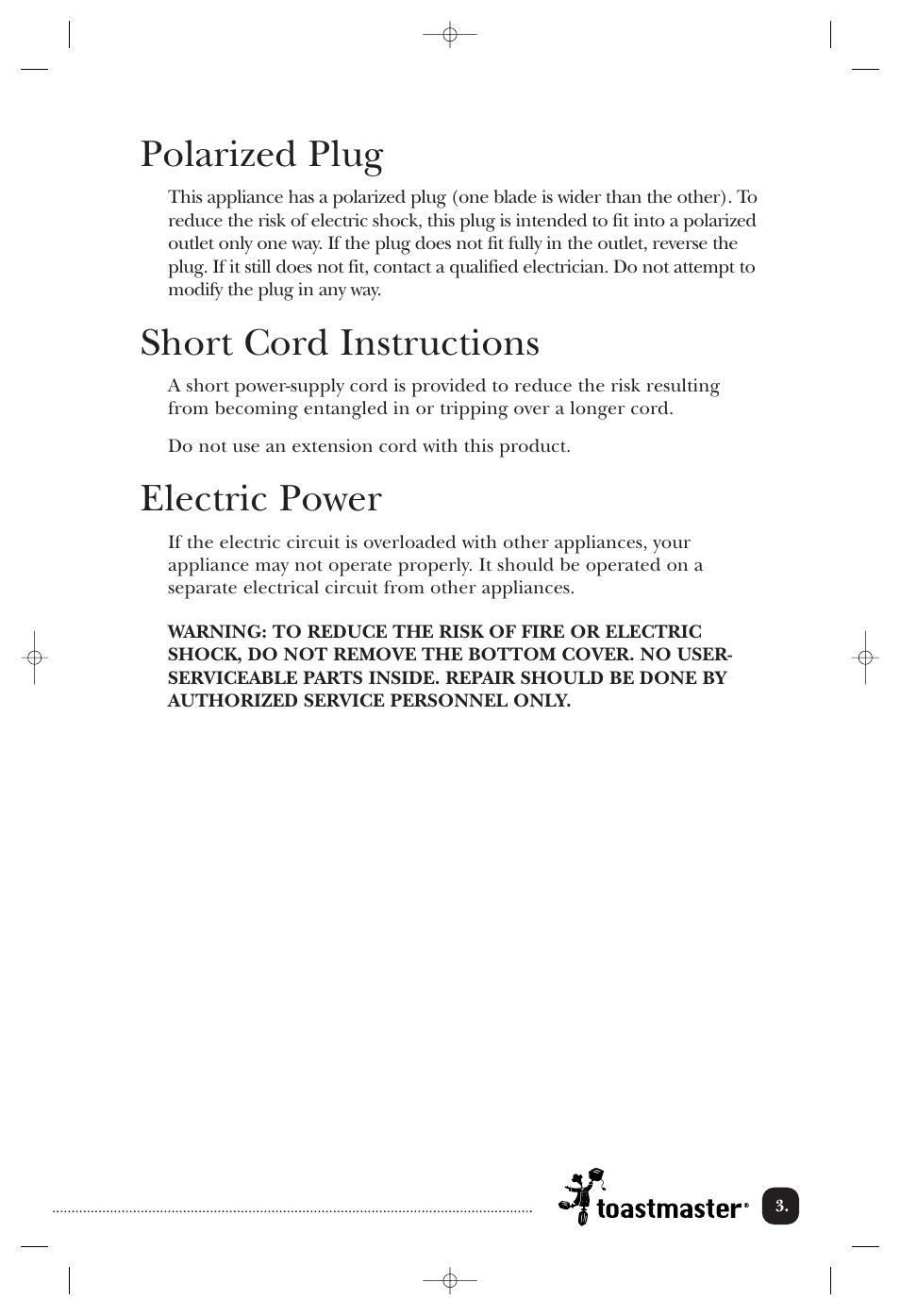Polarized plug, Short cord instructions, Electric power | Toastmaster TCM10PWF User Manual | Page 4 / 14