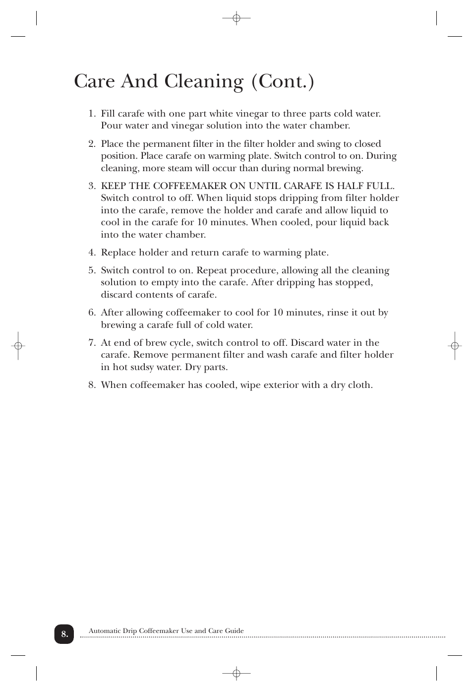 Care and cleaning (cont.) | Toastmaster TCM10PWF User Manual | Page 9 / 14