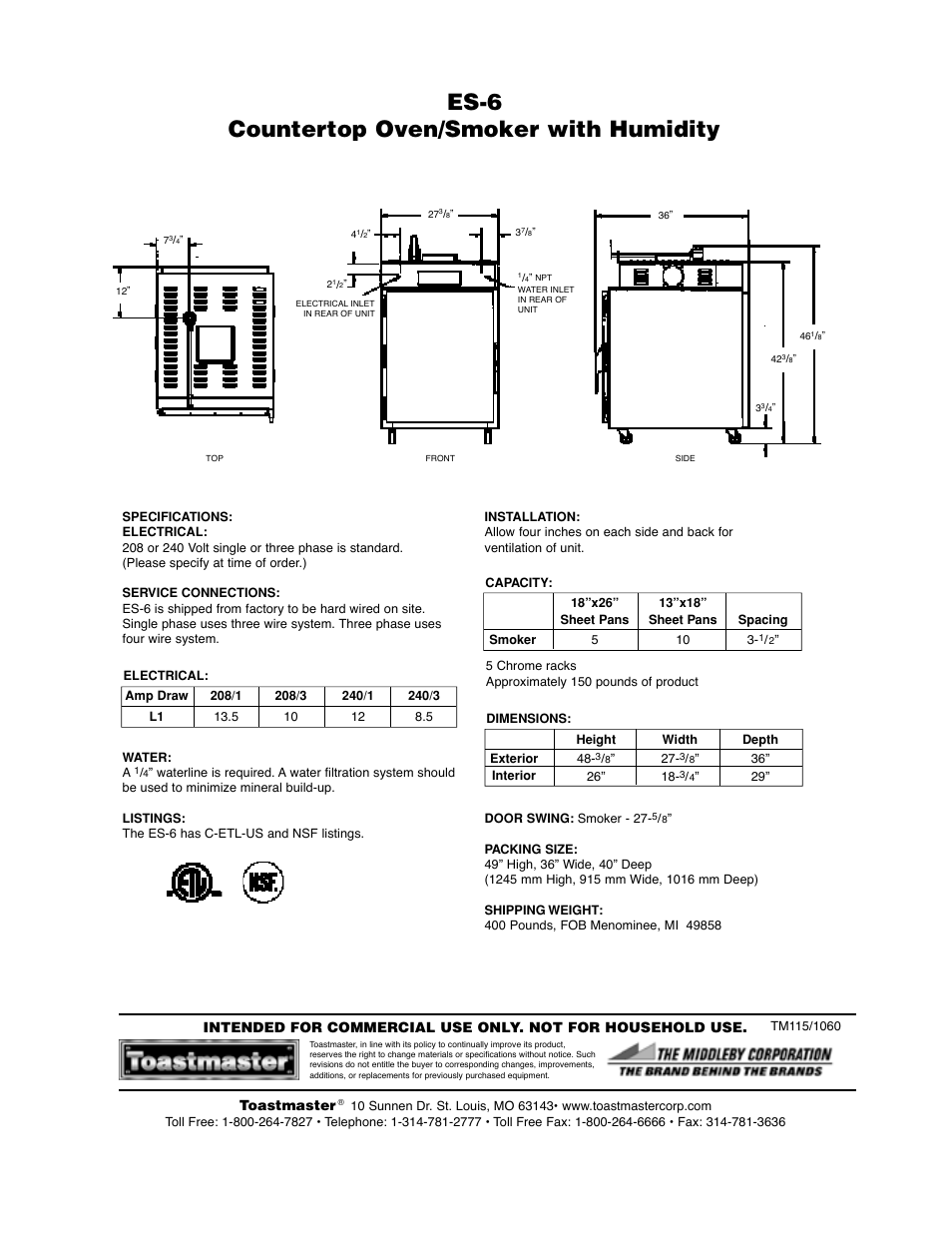 Es-6 countertop oven/smoker with humidity, Toastmaster | Toastmaster ES-6 User Manual | Page 2 / 2