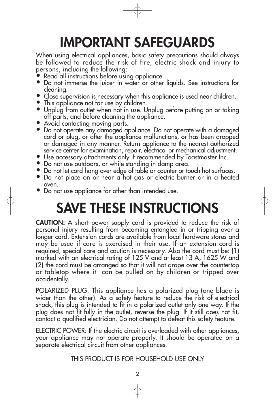 Important safeguards, Save these instructions | Toastmaster 1108 User Manual | Page 2 / 7
