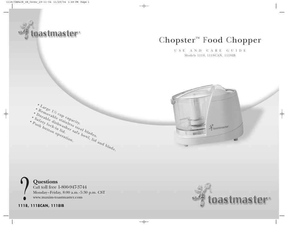Chopster, Food c hopper | Toastmaster 1118 User Manual | Page 9 / 9