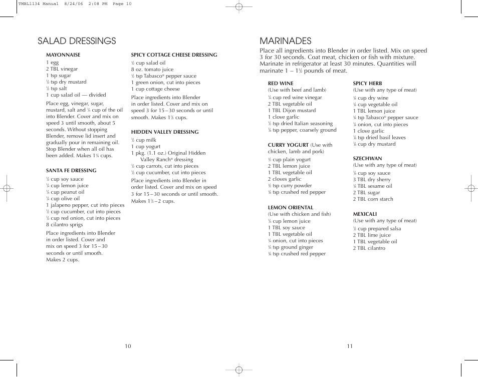 Marinades, Salad dressings, Pounds of meat | Toastmaster TMBL1134 User Manual | Page 10 / 14