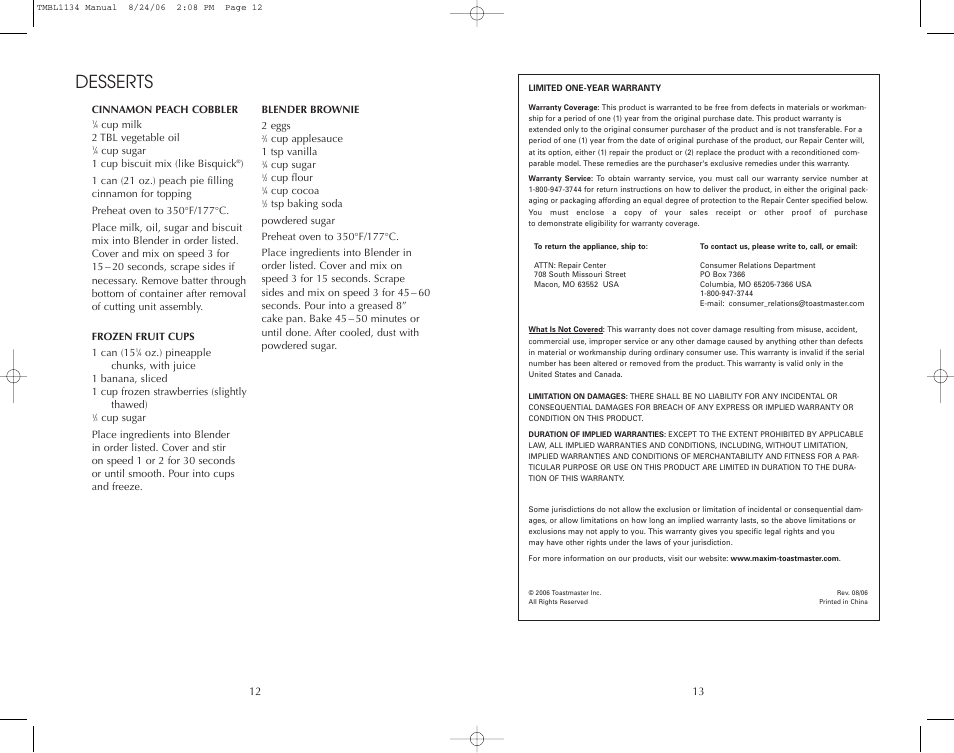 Desserts | Toastmaster TMBL1134 User Manual | Page 13 / 14