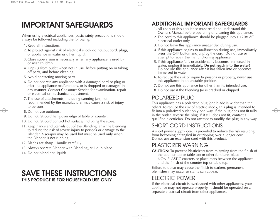 Important safeguards, Save these instructions, Additional important safeguards | Polarized plug, Short cord instructions, Plasticizer warning, Electric power | Toastmaster TMBL1134 User Manual | Page 3 / 14