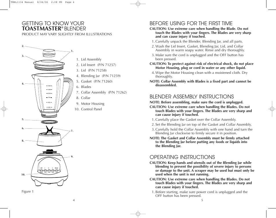 Toastmaster, Getting to know your, Blender | Before using for the first time, Blender assembly instructions, Operating instructions | Toastmaster TMBL1134 User Manual | Page 5 / 14
