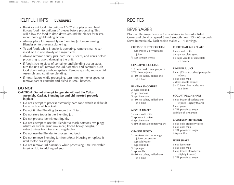 Recipes beverages, Helpful hints, Do not | Toastmaster TMBL1134 User Manual | Page 8 / 14