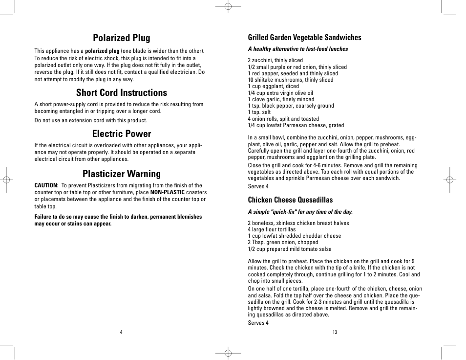 Polarized plug, Short cord instructions, Electric power | Plasticizer warning | Toastmaster GRP4PTMR User Manual | Page 4 / 16