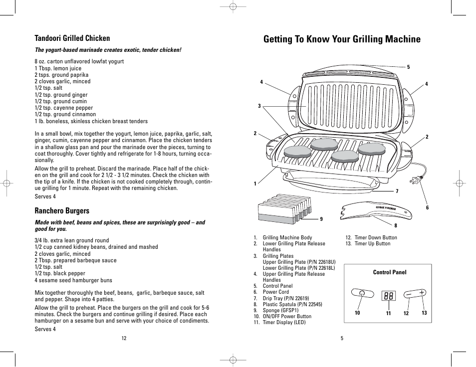 Getting to know your grilling machine, Tandoori grilled chicken, Ranchero burgers | Toastmaster GRP4PTMR User Manual | Page 5 / 16