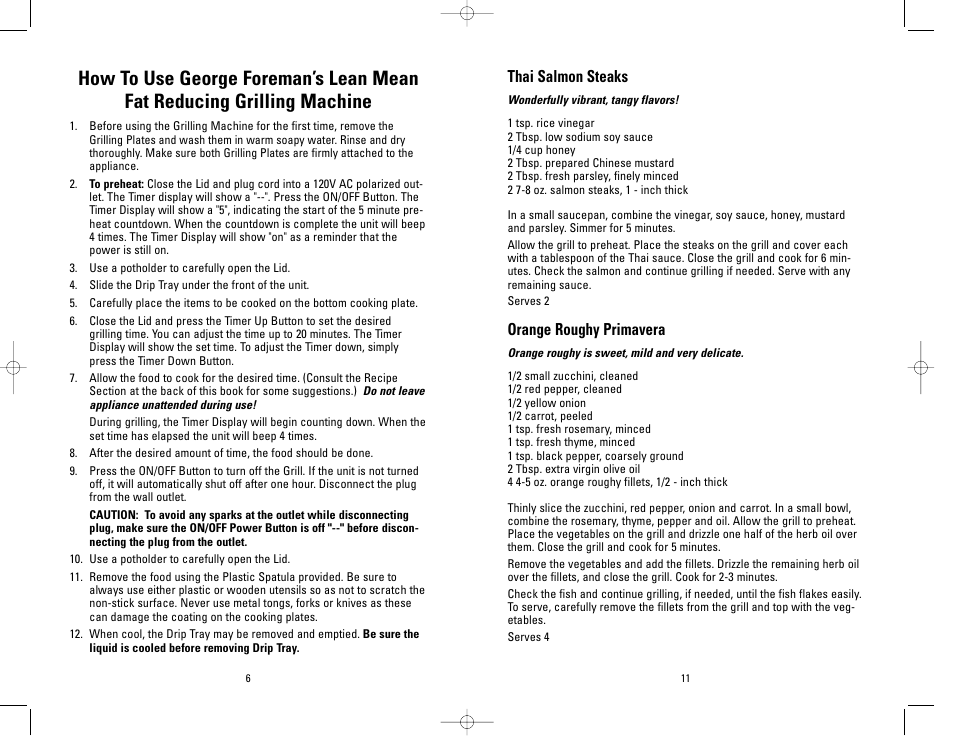 Thai salmon steaks, Orange roughy primavera | Toastmaster GRP4PTMR User Manual | Page 6 / 16