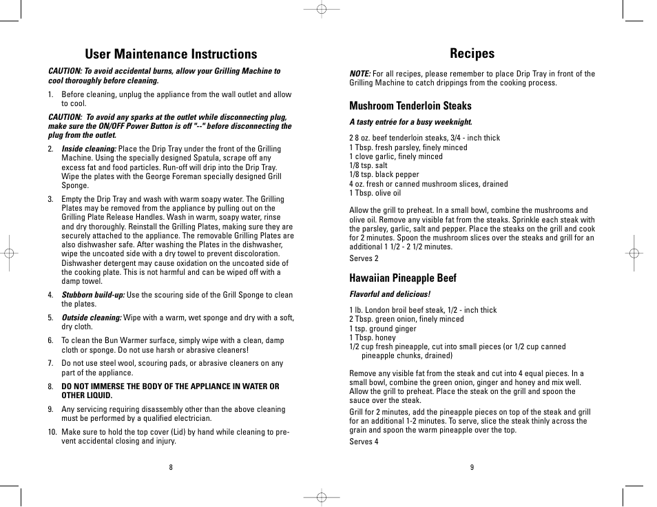 User maintenance instructions, Recipes, Mushroom tenderloin steaks | Hawaiian pineapple beef | Toastmaster GRP4PTMR User Manual | Page 9 / 16