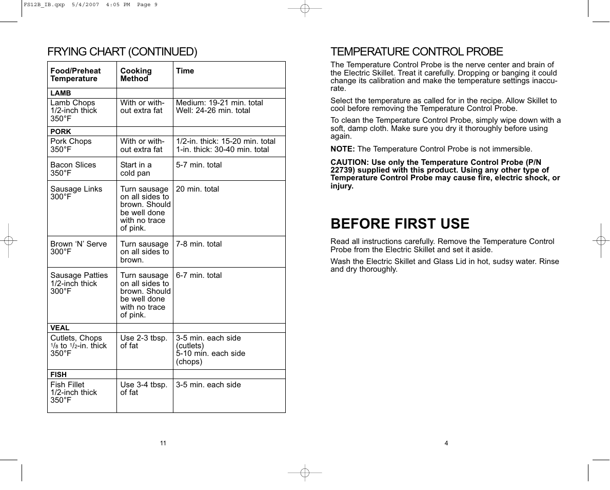 Before first use, Frying chart (continued), Temperature control probe | Toastmaster FS12B User Manual | Page 12 / 16