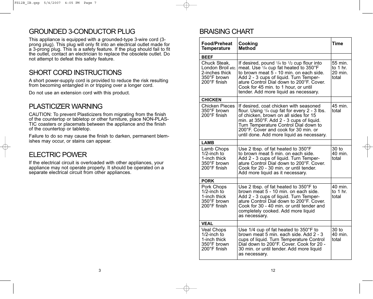 Braising chart, Grounded 3-conductor plug, Short cord instructions | Plasticizer warning, Electric power | Toastmaster FS12B User Manual | Page 13 / 16