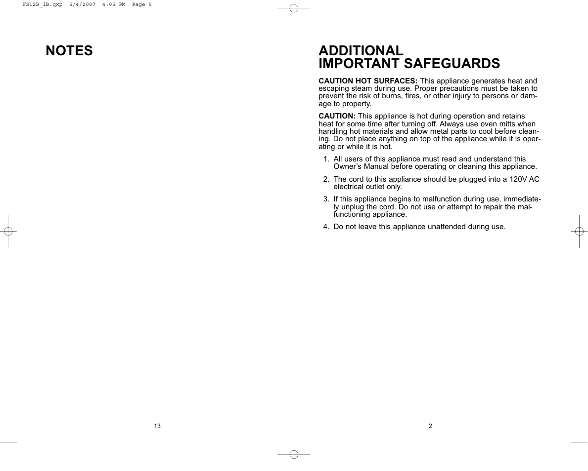 Additional important safeguards | Toastmaster FS12B User Manual | Page 14 / 16