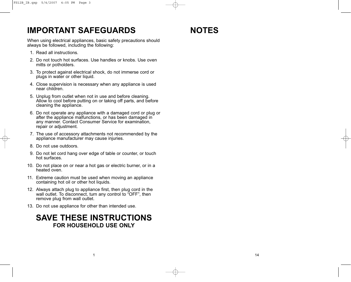 Important safeguards, Save these instructions | Toastmaster FS12B User Manual | Page 15 / 16