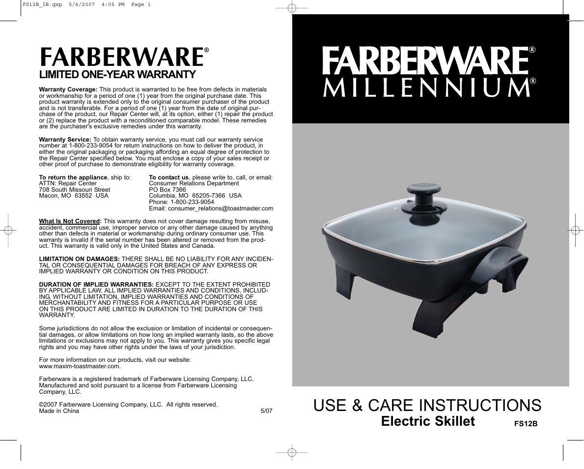 Use & care instructions, Electric skillet, Limited one-year warranty | Toastmaster FS12B User Manual | Page 16 / 16