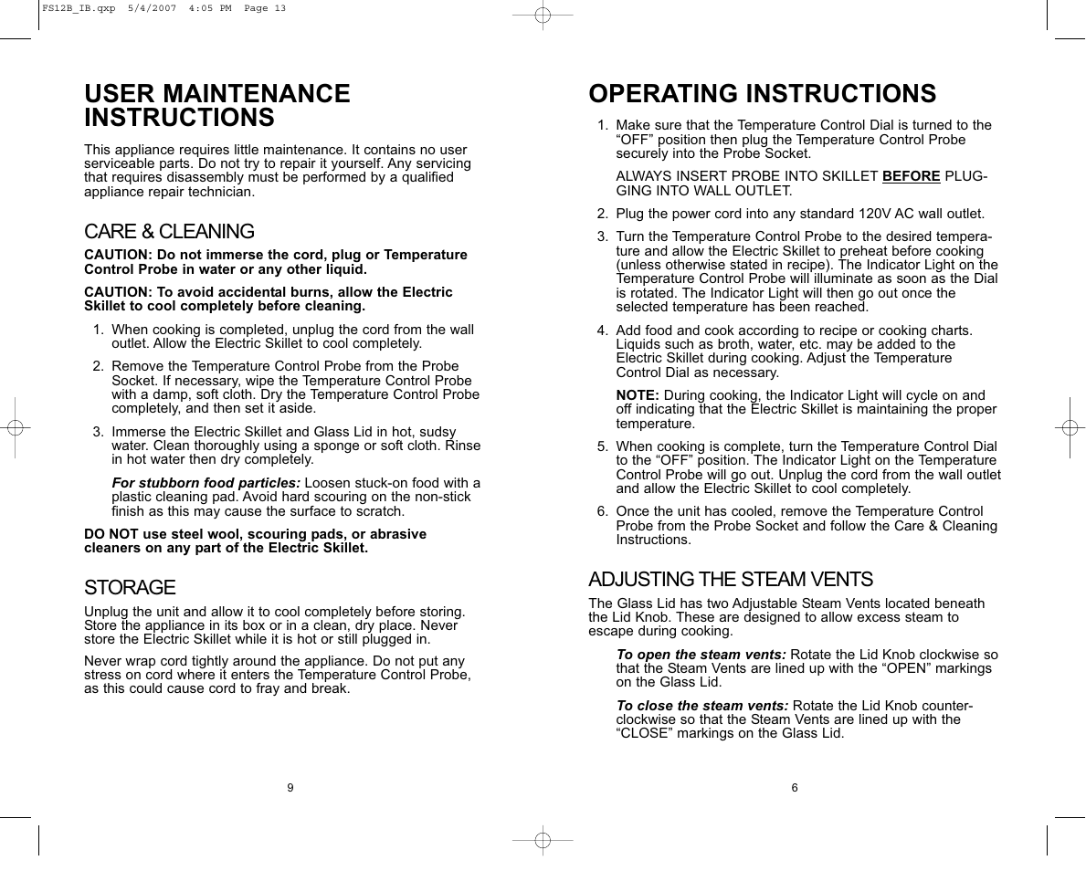 User maintenance instructions, Operating instructions, Care & cleaning | Storage, Adjusting the steam vents | Toastmaster FS12B User Manual | Page 7 / 16