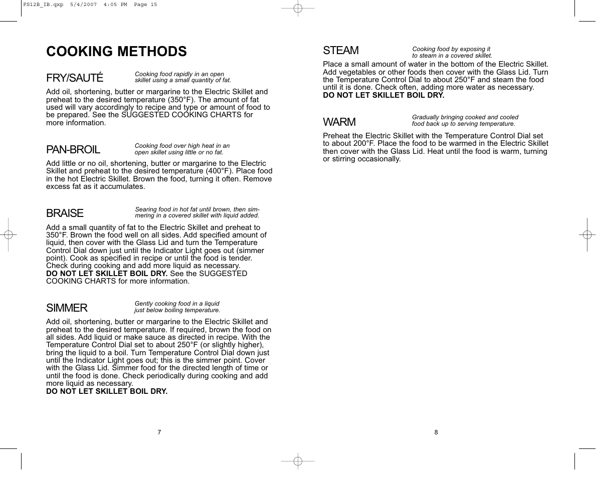 Cooking methods, Steam, Warm | Fry/sauté, Pan-broil, Braise, Simmer | Toastmaster FS12B User Manual | Page 8 / 16