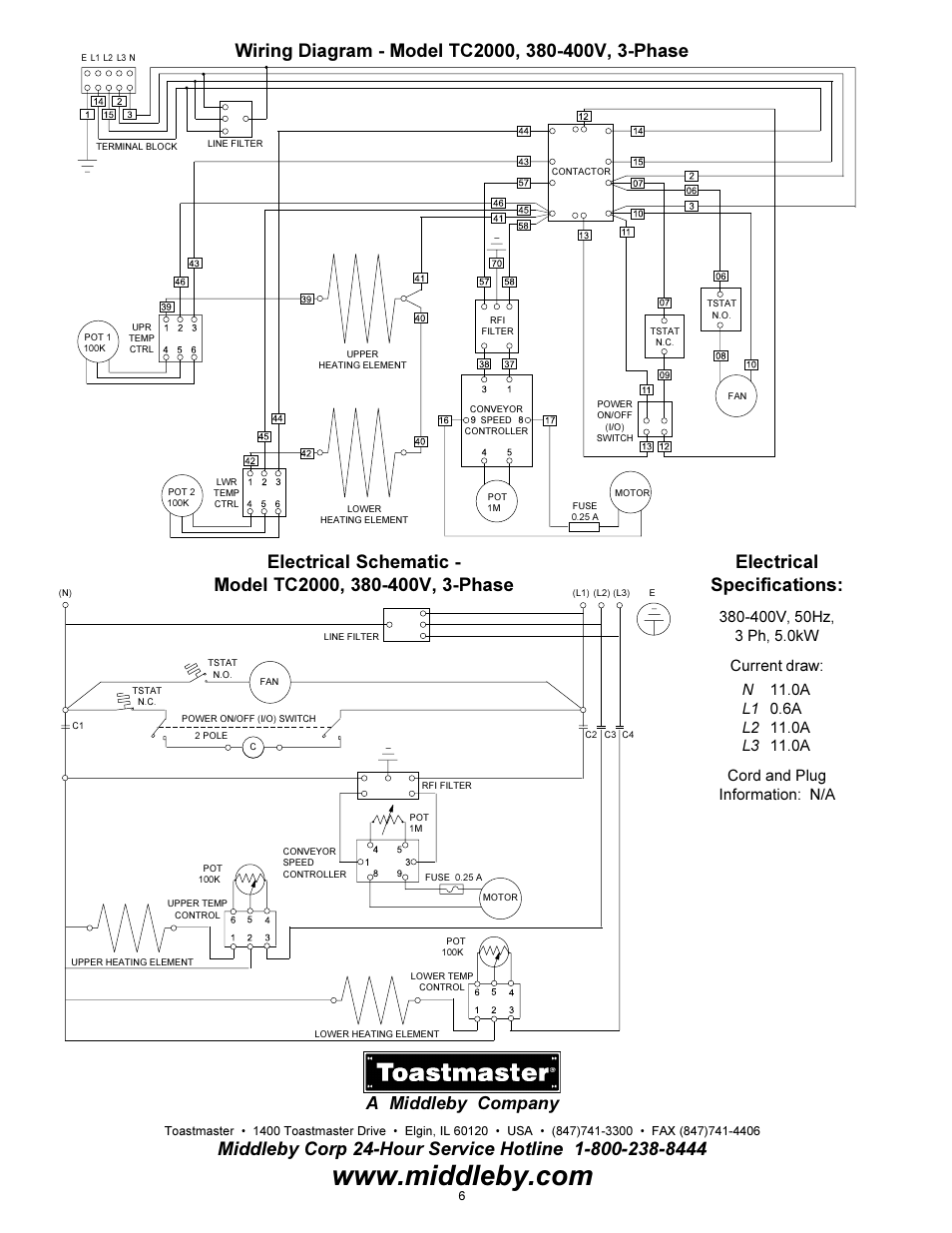Electrical specifications, A middleby company | Toastmaster CONVEYOR TC2000 User Manual | Page 6 / 6