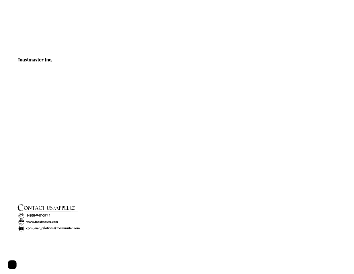 Contact information coordonnées : contacte a | Toastmaster TOV320 User Manual | Page 23 / 23