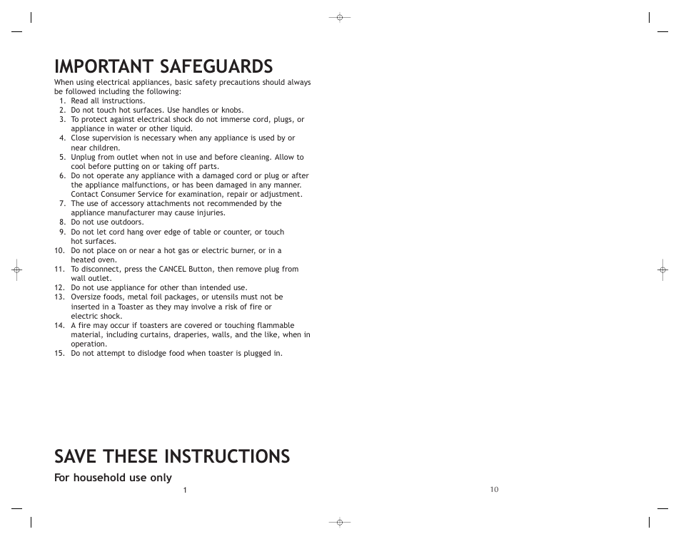 Important safeguards, Save these instructions, For household use only | Toastmaster RHT2RET User Manual | Page 11 / 12