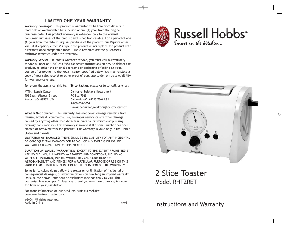 2 slice toaster, Instructions and warranty, Model rht2ret | Limited one-year warranty | Toastmaster RHT2RET User Manual | Page 12 / 12